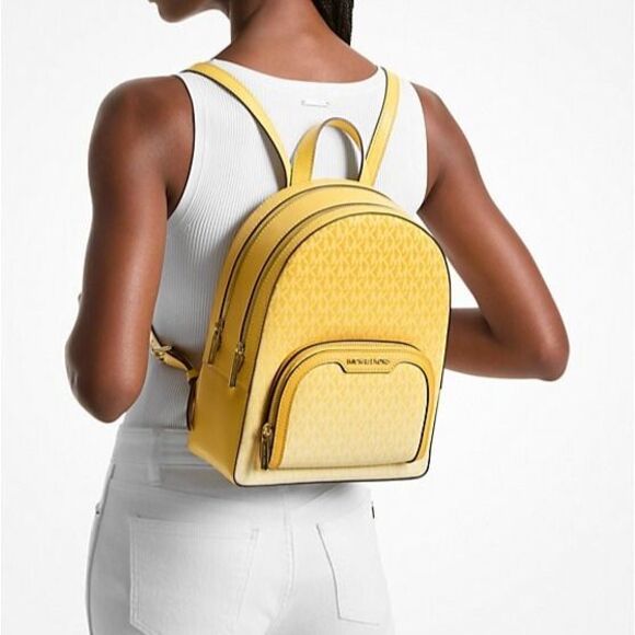 New Michael Kors Jaycee Medium Ombré Signature Logo Backpack Daisy Yellow - Picture 2 of 4